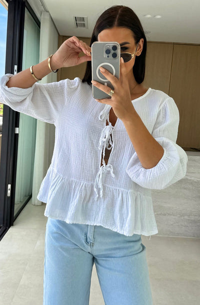 Gracie Cotton Gauze Style Front Tie-Up Top-Ivory