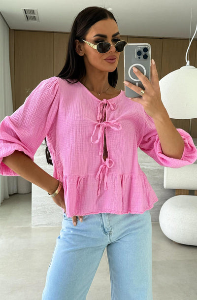 Gracie Cotton Gauze Style Front Tie-Up Top-Pink
