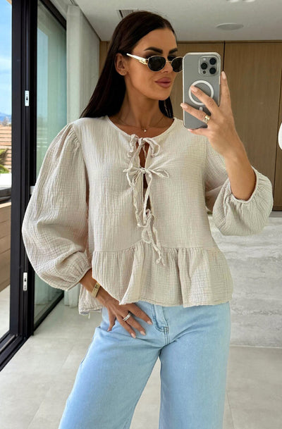 Gracie Cotton Gauze Style Front Tie-Up Top-Stone