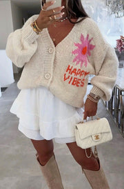Happy Vibes Knitted Cardigan-Cream