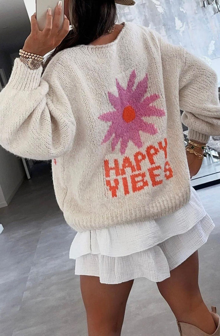 Happy Vibes Knitted Cardigan-Cream