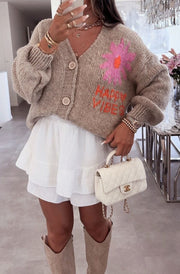 Happy Vibes Knitted Cardigan-Stone