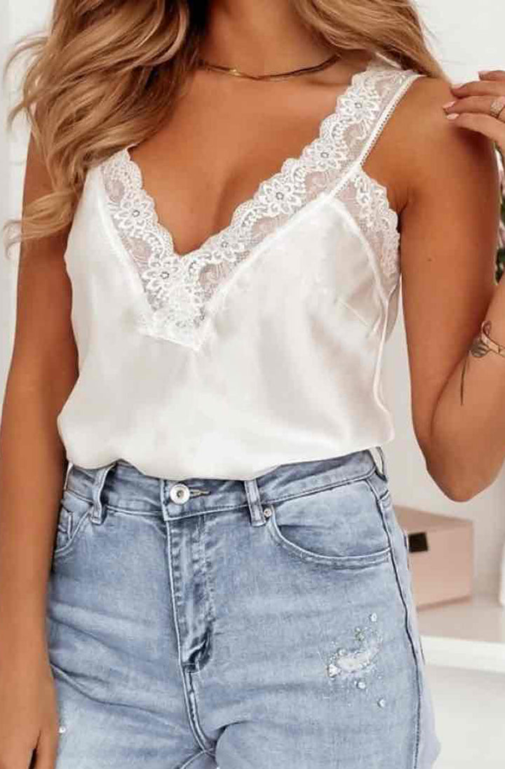 Jade Satin Delicate Lace Camisole Vest Top-Ivory