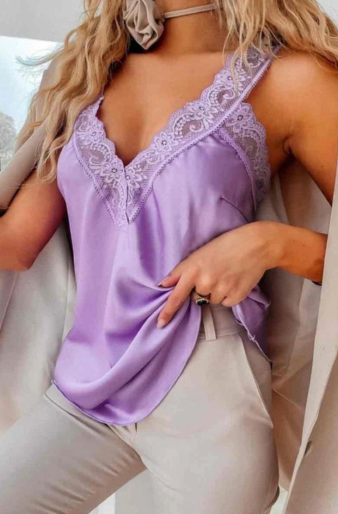 Jade Satin Delicate Lace Camisole Vest Top-Purple