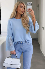 Jane Alpaca Blend  Lace Cuff Round-Neck Light Knitted jumper Sweater -Blue