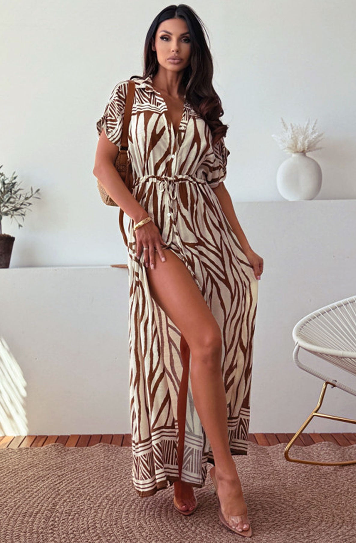 Janelle Zebra-Inspired Animal Abstract Stripe Print Maxi Shirt Dress-Brown