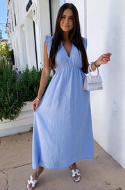 Janis Ruffle Frill Sleeve Cotton Gauze Style Maxi Dress-Blue