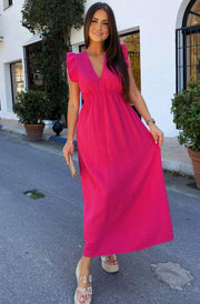 Janis Ruffle Frill Sleeve Cotton Gauze Style Maxi Dress-Hot Pink
