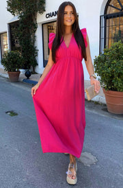 Janis Ruffle Frill Sleeve Cotton Gauze Style Maxi Dress-Hot Pink