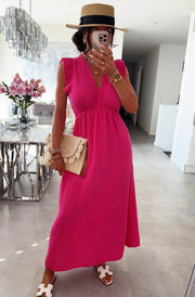 Janis Ruffle Frill Sleeve Cotton Gauze Style Maxi Dress-Hot Pink