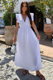 Janis Ruffle Frill Sleeve Cotton Gauze Style Maxi Dress-Ivory