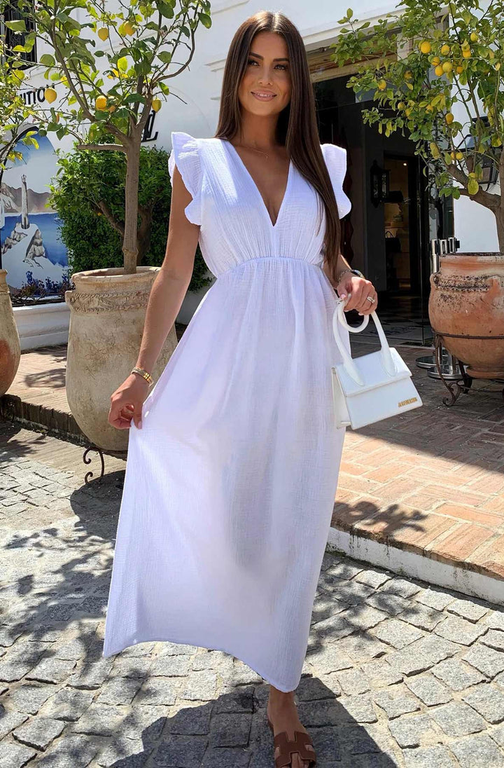 Janis Ruffle Frill Sleeve Cotton Gauze Style Maxi Dress-Ivory