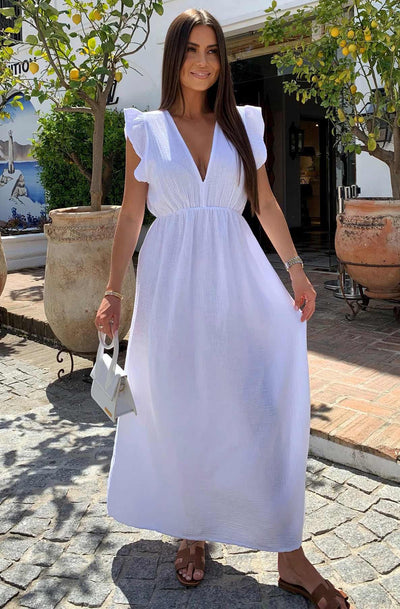 Janis Ruffle Frill Sleeve Cotton Gauze Style Maxi Dress-Ivory