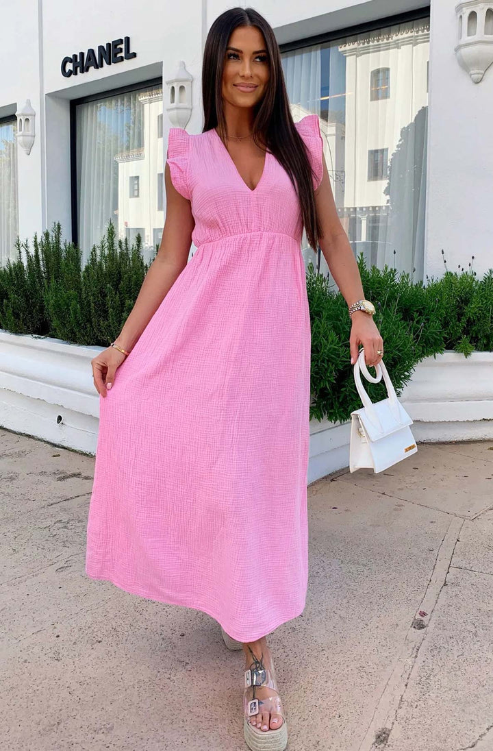 Janis Ruffle Frill Sleeve Cotton Gauze Style Maxi Dress-Pink