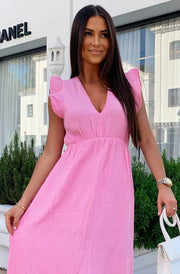 Janis Ruffle Frill Sleeve Cotton Gauze Style Maxi Dress-Pink