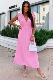Janis Ruffle Frill Sleeve Cotton Gauze Style Maxi Dress-Pink