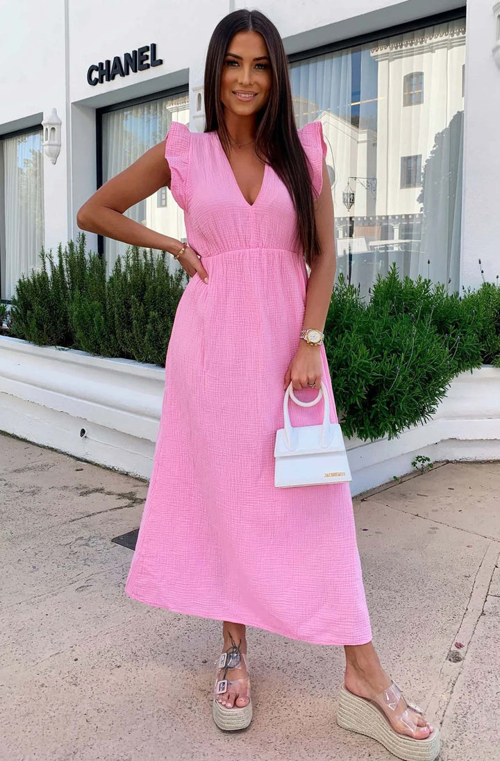 Janis Ruffle Frill Sleeve Cotton Gauze Style Maxi Dress-Pink