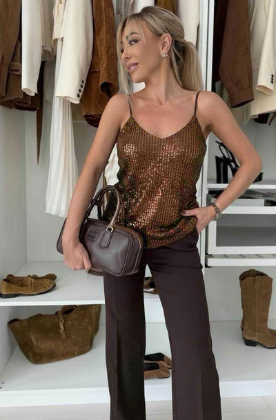 Jasmine Sequin Strap Cami Top-Brown