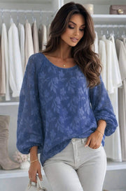Judith Oversized Textured Floral Batwing Boat Neck Blouse Top-Blue