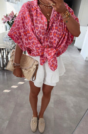 Julie Leopard Animal Oversized Cotton Gauze Style Blouse Shirt Top-Pink