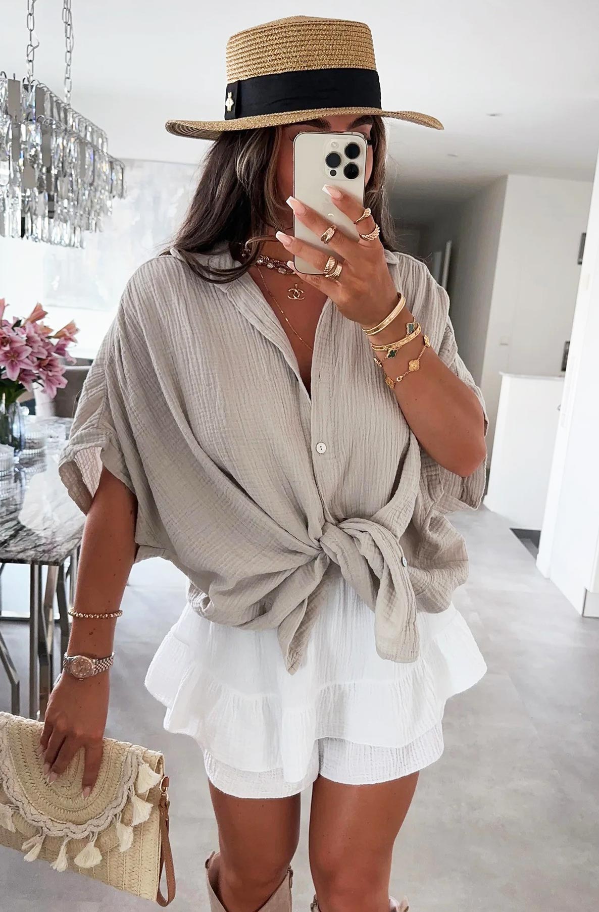 Julie Oversized Cotton Gauze Style Blouse Shirt Top-Stone