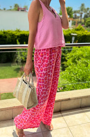 Julie Leopard Animal Cotton Gauze Style Trousers-Pink