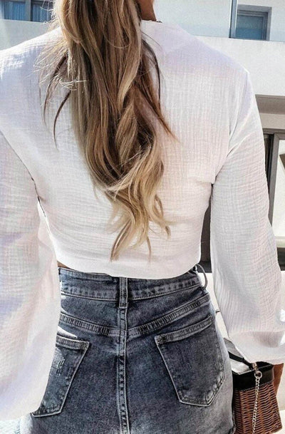 Kallie Cropped Tie-Up Cotton Gauze Style Top-Ivory