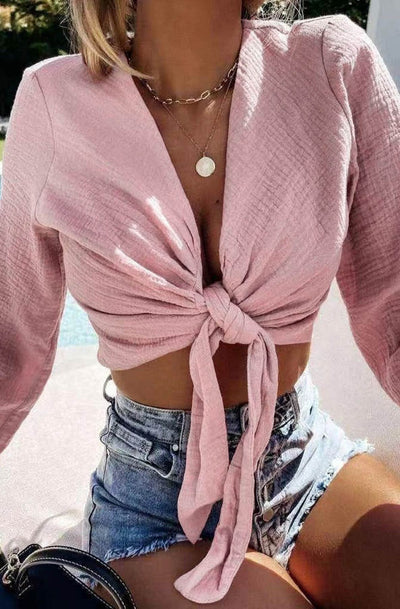 Kallie Cropped Tie-Up Cotton Gauze Style Top-Dusty Pink