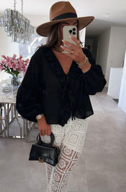 Karrie Frill Front Tie-Up Blouse Shirt Top-Black