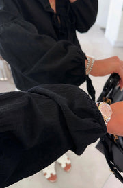 Karrie Frill Front Tie-Up Blouse Shirt Top-Black