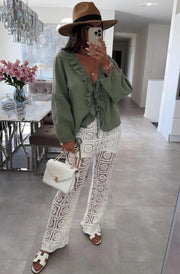 Karrie Frill Front Tie-Up Blouse Shirt Top-Khaki