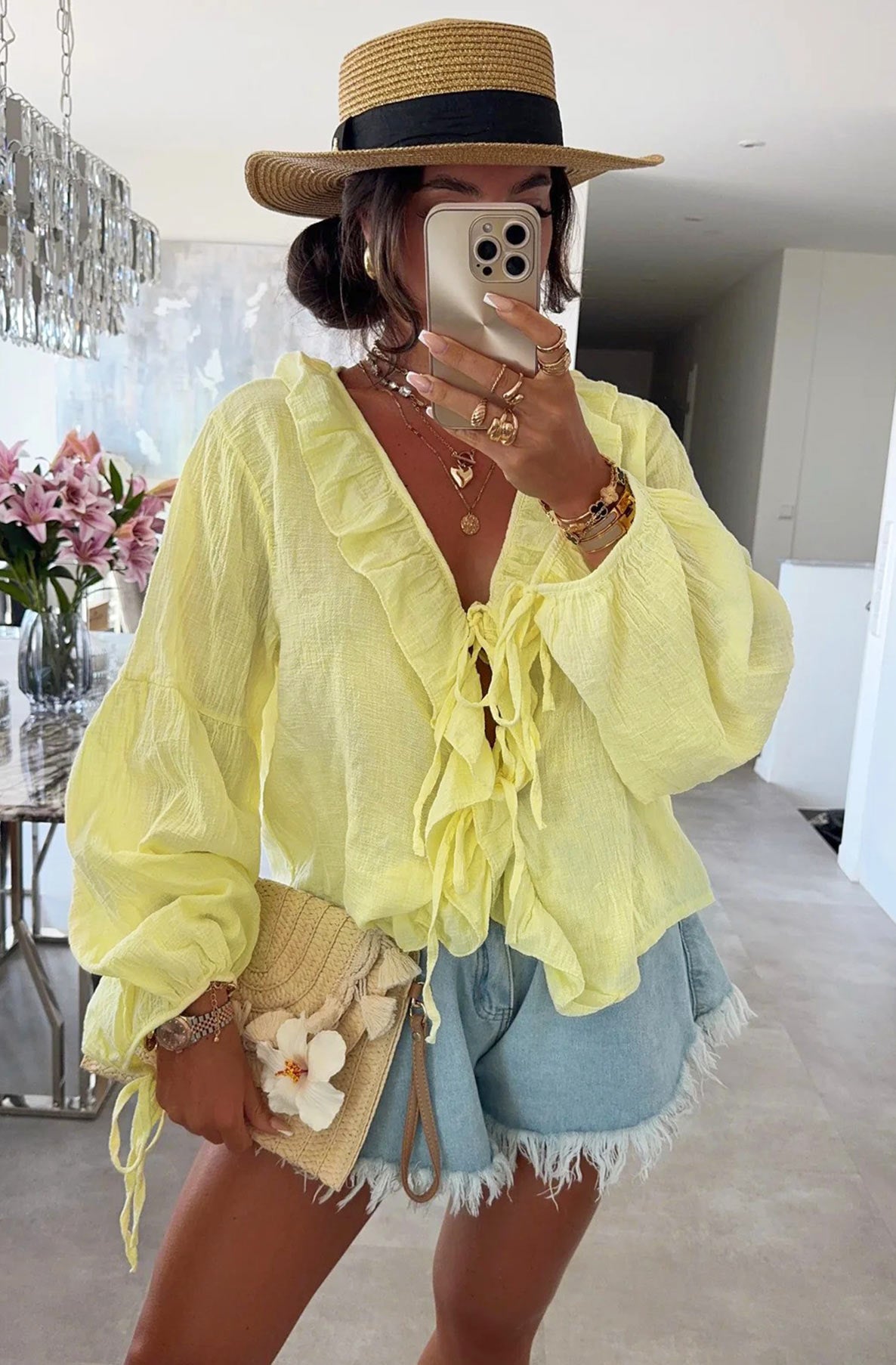 Karrie Frill Front Tie-Up Blouse Shirt Top-Yellow