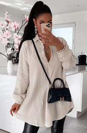 Kasia Oversized Cotton Gauze Style Shirt Dress Top-Stone