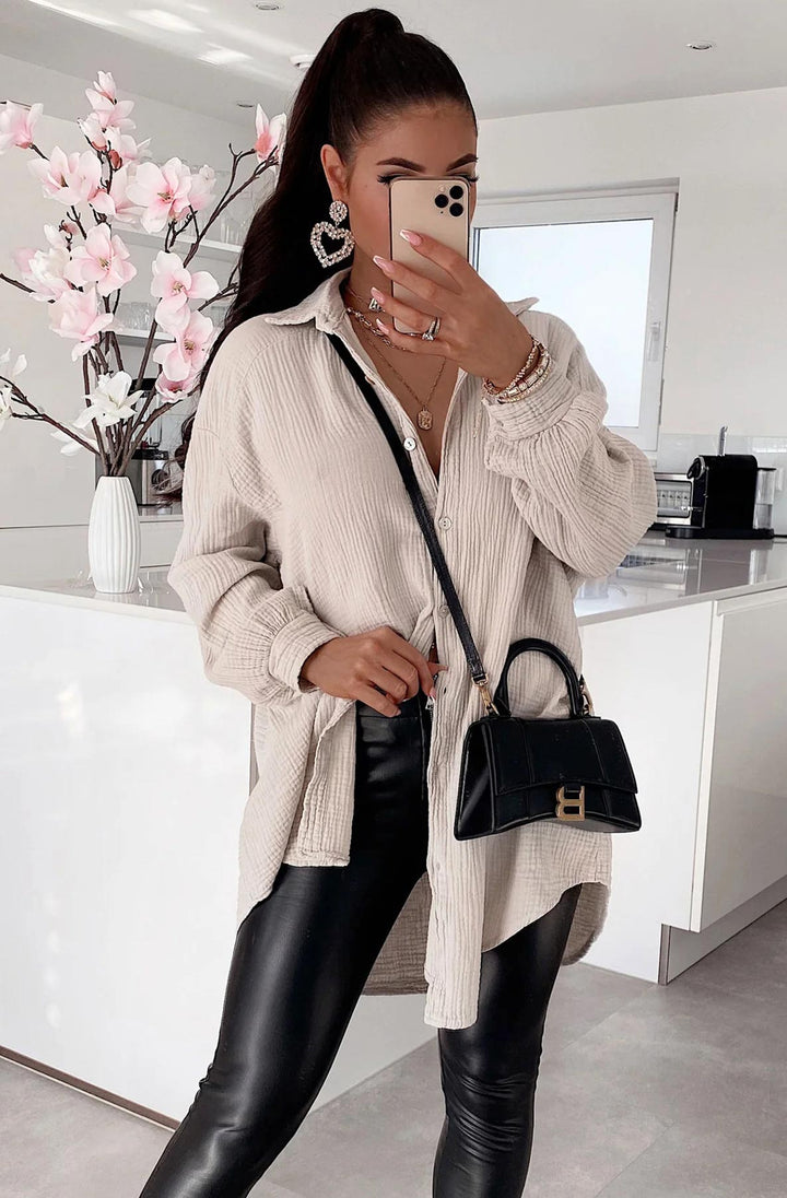 Kasia Oversized Cotton Gauze Style Shirt Dress Top-Stone