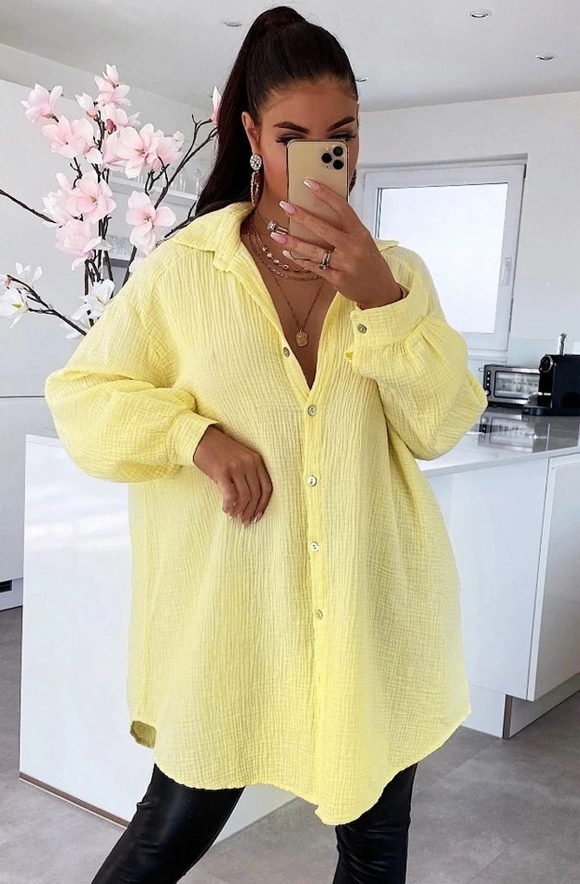 Kasia Oversized Cotton Gauze Style Shirt Dress Top-Yellow