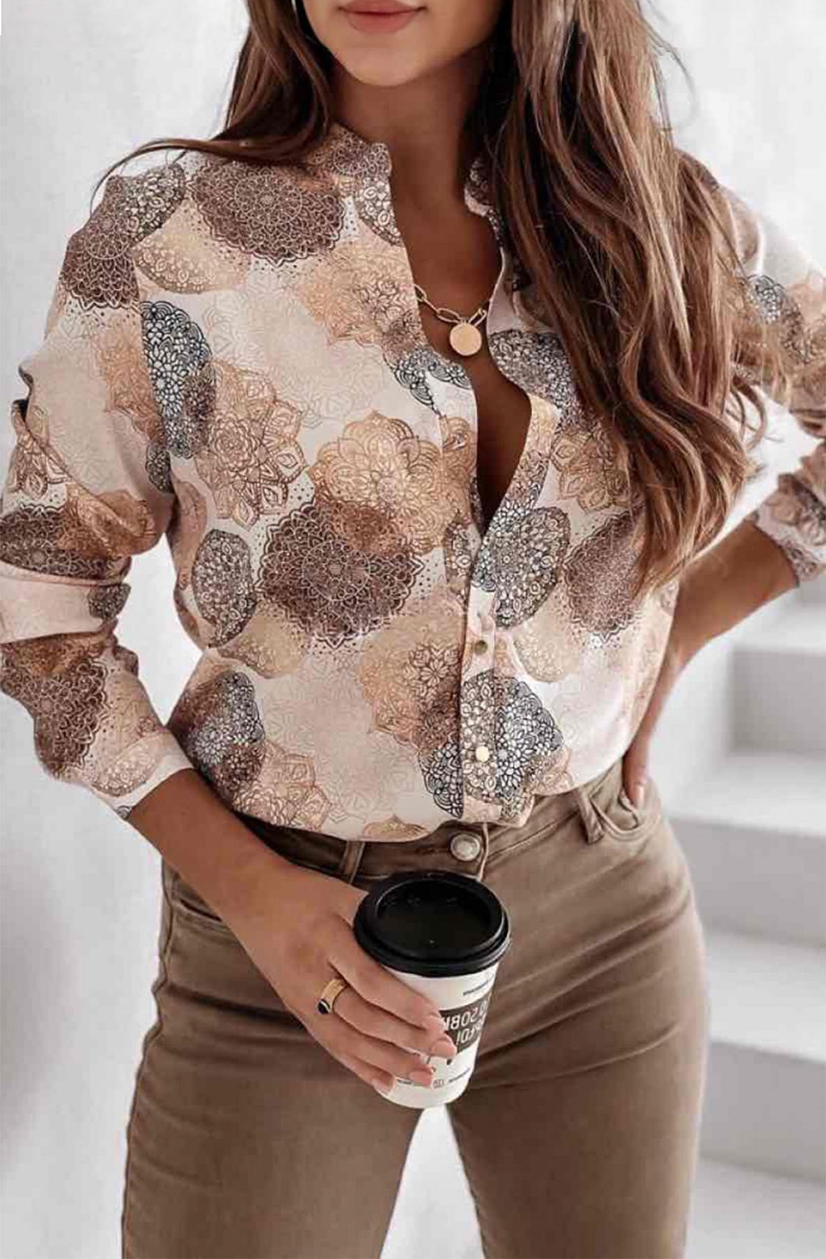 Katrina Mandala Printed Shirt Blouse Top-Brown