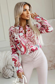 Kayla Abstract Print Blouse Top Shirt - Cherry Red