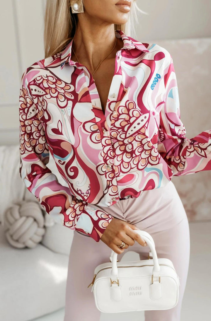 Kayla Abstract Print Blouse Top Shirt - Cherry Red