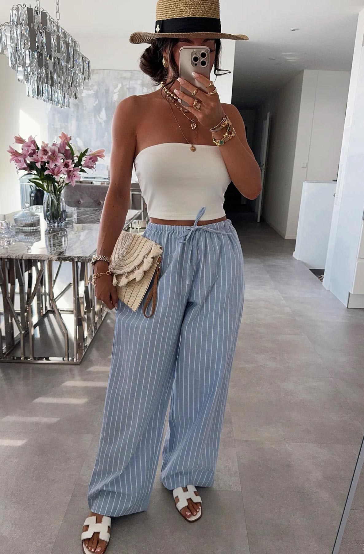 Kaylie Striped Wide Leg Pocket Detail Trousers-Blue
