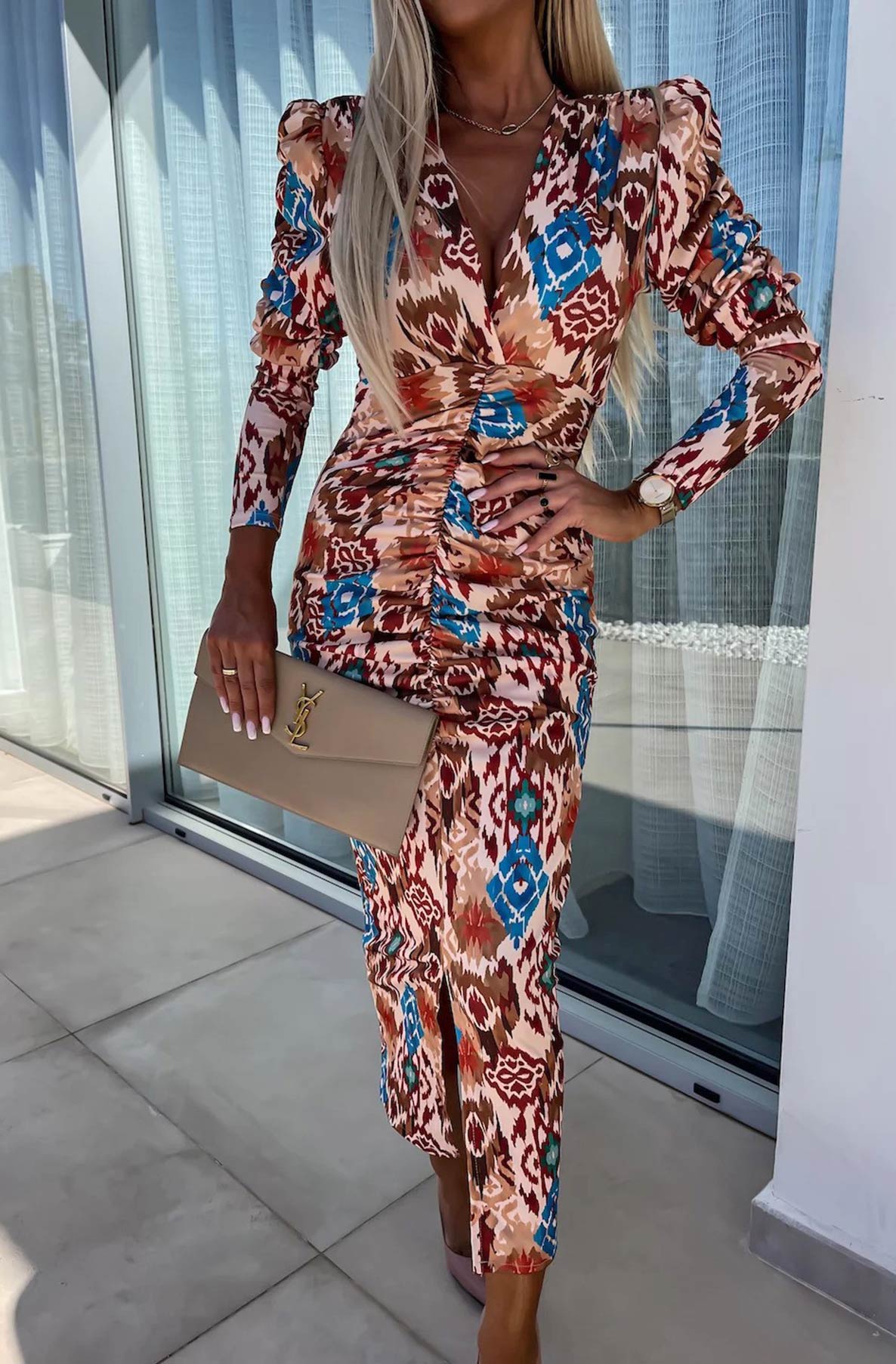 Kimberly Abstract Print Bodycon Ruched Midaxi Dress-Brown