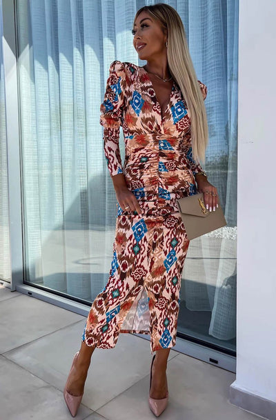 Kimberly Abstract Print Bodycon Ruched Midaxi Dress-Brown