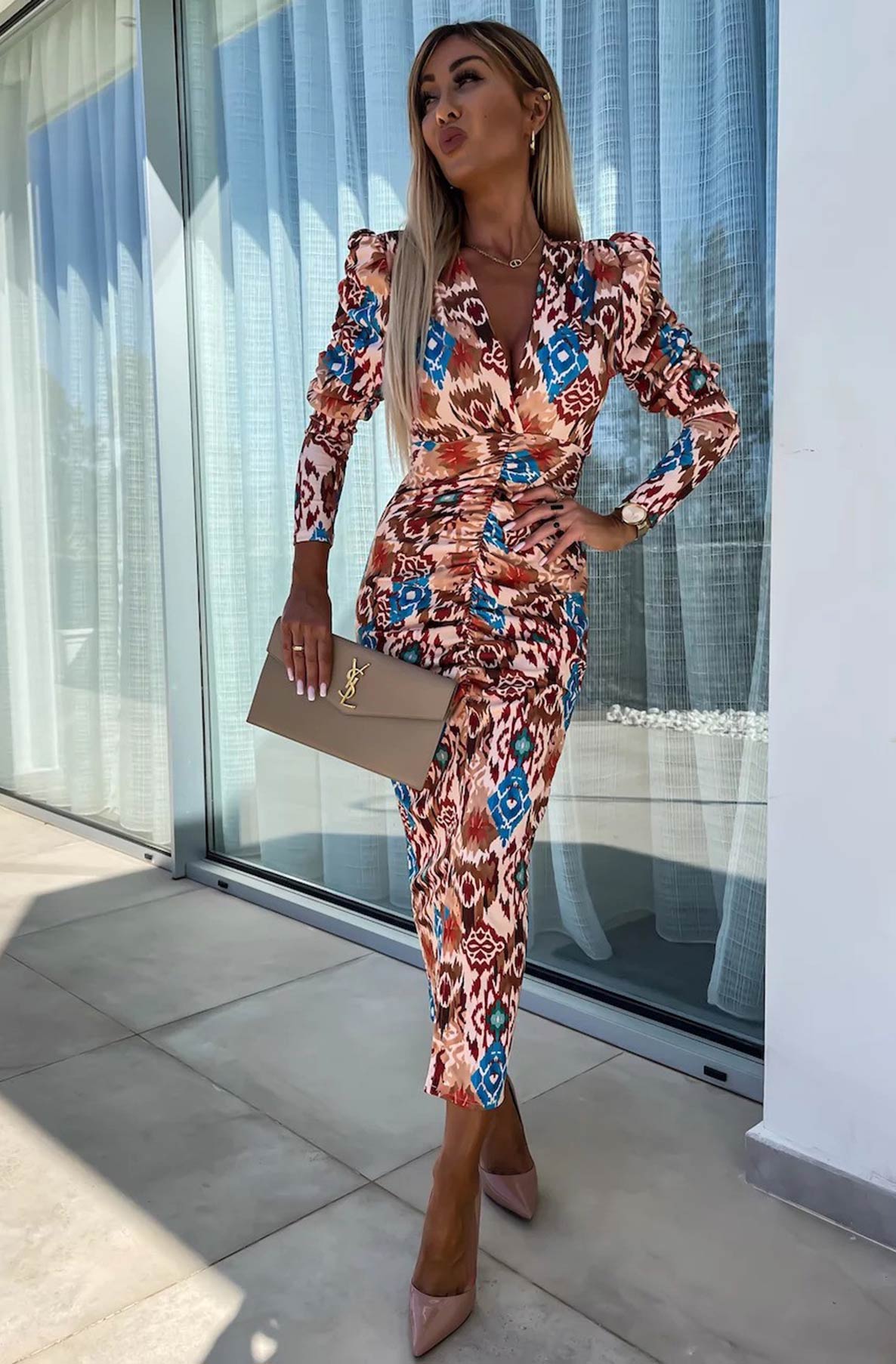 Kimberly Abstract Print Bodycon Ruched Midaxi Dress-Brown