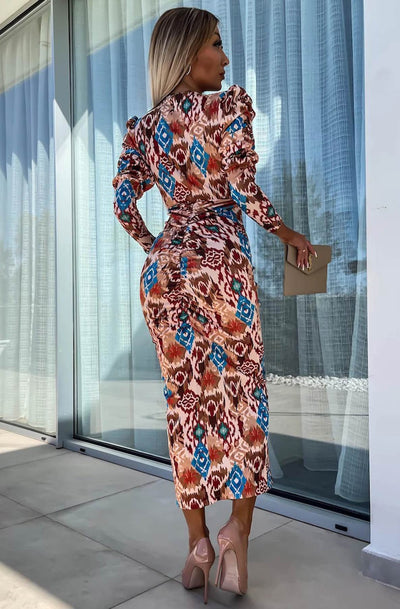 Kimberly Abstract Print Bodycon Ruched Midaxi Dress-Brown