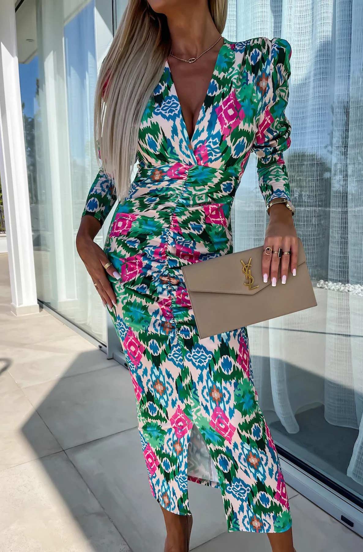 Kimberly Abstract Print Bodycon Ruched Midaxi Dress-Green