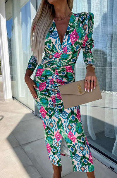 Kimberly Abstract Print Bodycon Ruched Midaxi Dress-Green