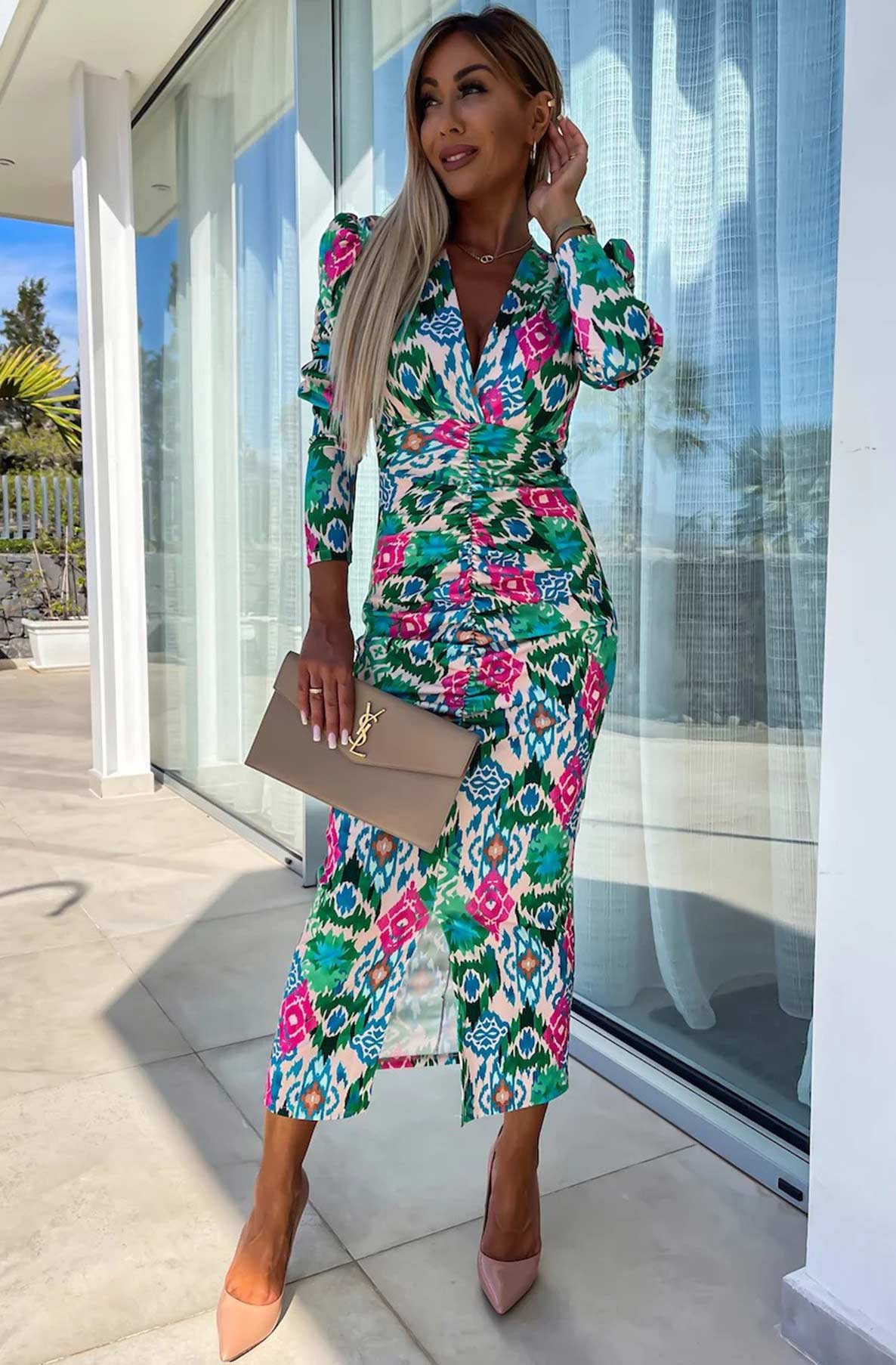 Kimberly Abstract Print Bodycon Ruched Midaxi Dress-Green