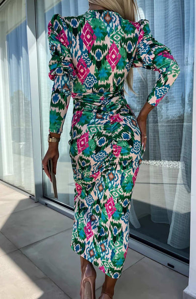 Kimberly Abstract Print Bodycon Ruched Midaxi Dress-Green