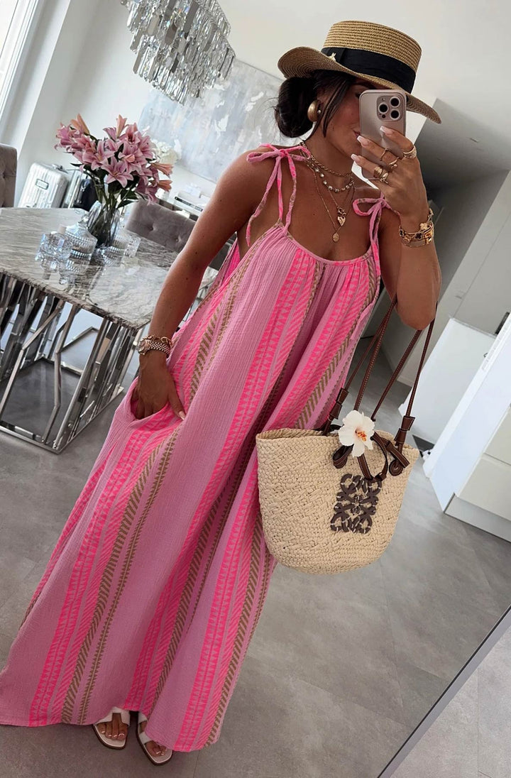 Kimberly Cotton Gauze Style Tie-Up Aztec Print Maxi Dress-Pink