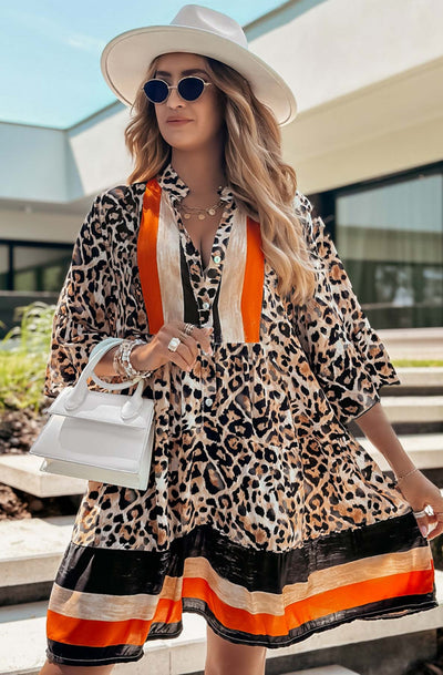 Kira Oversized Abstract Floral Tunic Dress-Brown