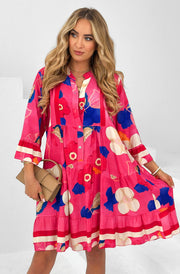 Kira Boho Floral Oversized Abstract Tunic Dress-Hot Pink